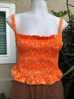 Noisy may Orange Smocked Floral Ruffle Cami